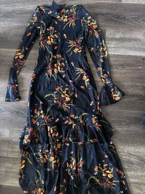 Women’s Black Floral Long Sleeve Ruffle Dress